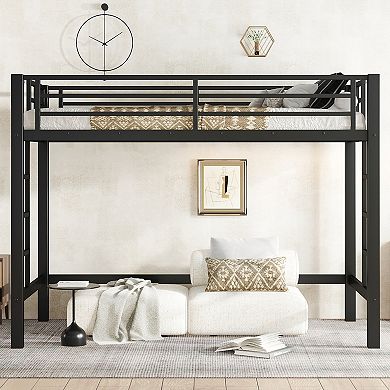 Twin XL Size Metal Loft Bed with Easy Climbing Ladder and Guardrails Black