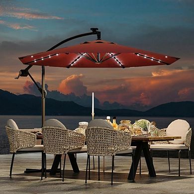 10FT Cantilever Patio Umbrella with Solar LED Lights Heavy Duty, UV Protection Cross Base