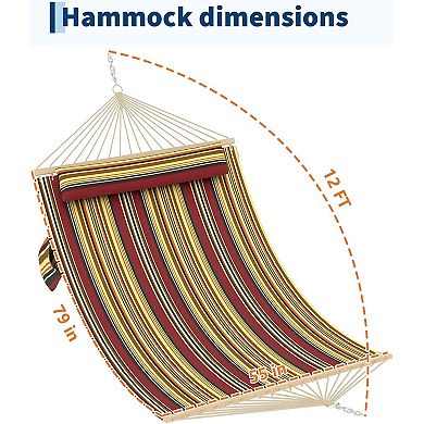 Quilted Double Hammock with Hardwood Bars & Pillow, 450lb Outdoor Hammock