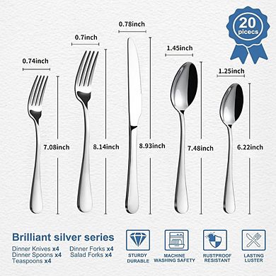 Stainless Steel Flatware Set for 4, 20-Piece Mirror Polished, Dishwasher Safe