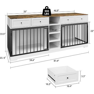 ANIXOL Double Dog Crate Cabinet, Rustic Design with Storage