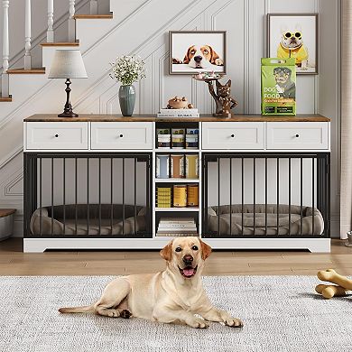 ANIXOL Double Dog Crate Cabinet, Rustic Design with Storage
