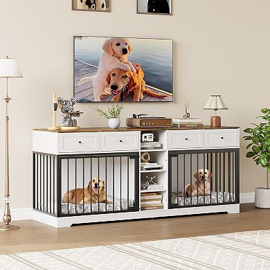 ANIXOL Double Dog Crate Cabinet, Rustic Design with Storage