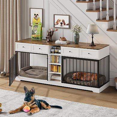 ANIXOL Double Dog Crate Cabinet, Rustic Design with Storage