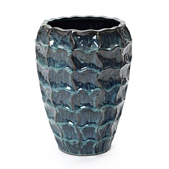 LuxenHome 14" Tall Ceramic Planter Pot for Indoor Outdoor with Geometric Texture and Drainage Hole