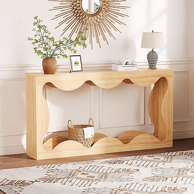 Farmhouse Console Table for Entryway,Slim Wood Scalloped Sofa Table Behind Couch with Storage Shelf