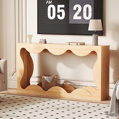 Farmhouse Console Table for Entryway,Slim Wood Scalloped Sofa Table Behind Couch with Storage Shelf