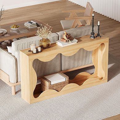 Farmhouse Console Table for Entryway,Slim Wood Scalloped Sofa Table Behind Couch with Storage Shelf
