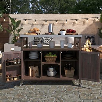 K&K Outdoor Kitchen Cart Solid Wood Grill Table Stainless Steel Dark Brown