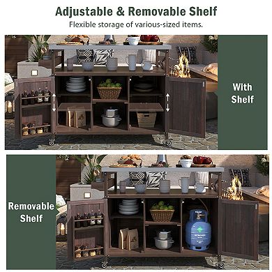 K&K Outdoor Kitchen Cart Solid Wood Grill Table Stainless Steel Dark Brown