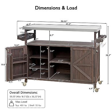 K&K Outdoor Kitchen Cart Solid Wood Grill Table Stainless Steel Dark Brown