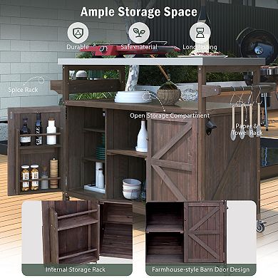 K&K Outdoor Kitchen Cart Solid Wood Grill Table Stainless Steel Dark Brown