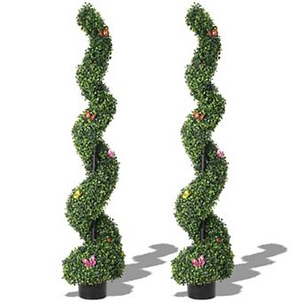 Artificial Boxwood Spiral Topiary Trees 2 Pack Decorative Faux Greenery in Pots for Outdoor