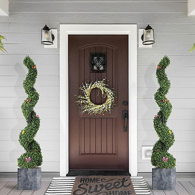 Artificial Boxwood Spiral Topiary Trees 2 Pack Decorative Faux Greenery in Pots for Outdoor