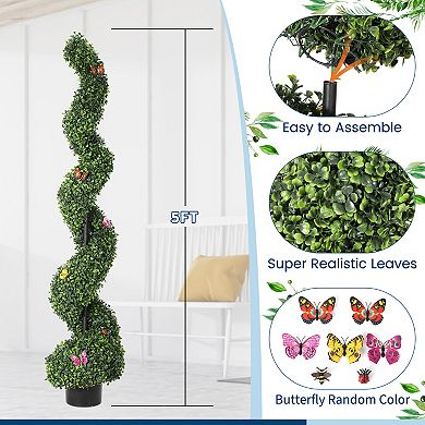 Artificial Boxwood Spiral Topiary Trees 2 Pack Decorative Faux Greenery in Pots for Outdoor