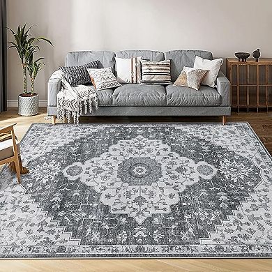 Area Rug Non-Shedding Low Pile Vintage Oriental Medallion Floral Printed Carpet
