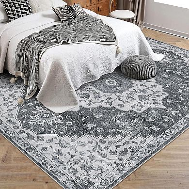 Area Rug Non-Shedding Low Pile Vintage Oriental Medallion Floral Printed Carpet