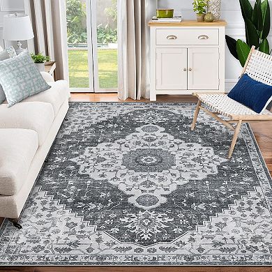 Area Rug Non-Shedding Low Pile Vintage Oriental Medallion Floral Printed Carpet
