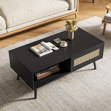 ANIXOL Sliding Storage Rattan-Look Particleboard Coffee Table