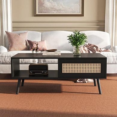 ANIXOL Sliding Storage Rattan-Look Particleboard Coffee Table