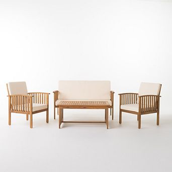 4 pc Acacia Wood Chat Set Outdoor Conversation Set with Loveseat, Chairs & Coffee Table