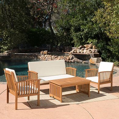 4-Piece Acacia Wood Chat Set Outdoor Conversation Set with Loveseat, Chairs & Coffee Table