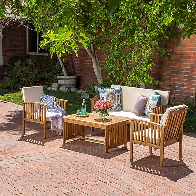 4-Piece Acacia Wood Chat Set Outdoor Conversation Set with Loveseat, Chairs & Coffee Table