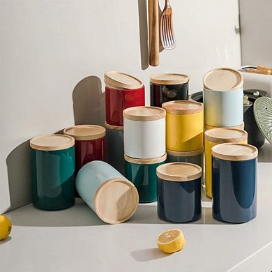 Stackable Ceramic Canister with Airtight Wooden Lid, Food Storage Jar