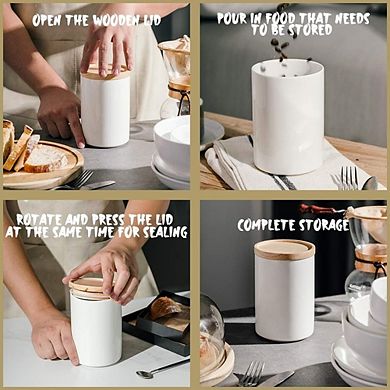 Stackable Ceramic Canister with Airtight Wooden Lid, Food Storage Jar