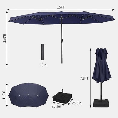 15ft Double-Sided Patio Umbrella with Base, Rectangular Outdoor Market Umbrella for Pool