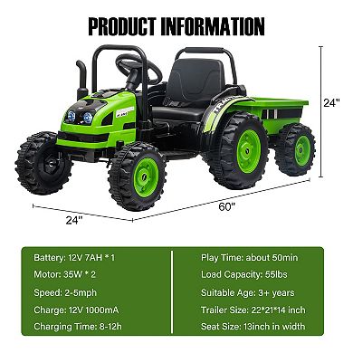 Battery Powered Ride On Tractor with Trailer and Remote Control Electric Toy Car for Kids