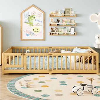Queen Size Floor Bed with Safety Guardrails and Door for Kids Natural