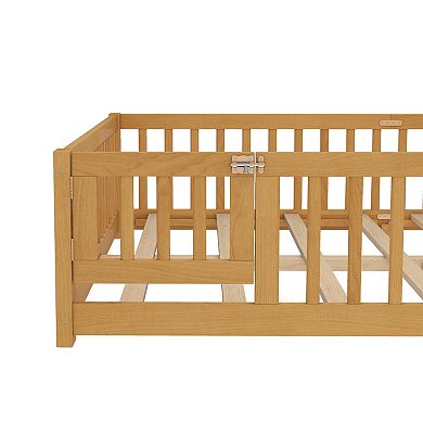 Queen Size Floor Bed with Safety Guardrails and Door for Kids Natural