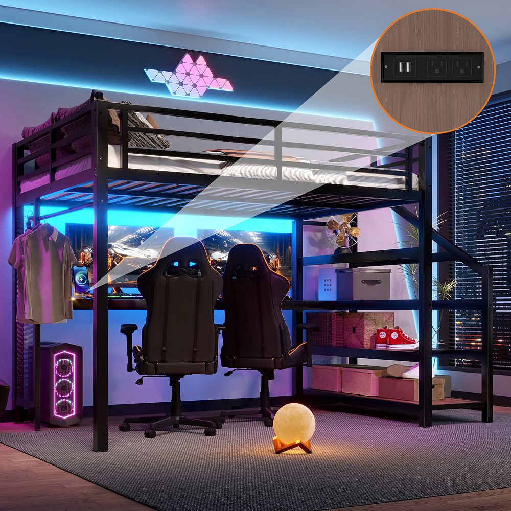 Full Loft Bed with Storage Stairs, Desk, LED & USB, Metal Frame Black