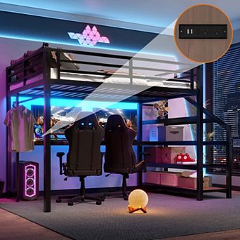 Full Loft Bed with Storage Stairs, Desk, LED & USB, Metal Frame Black