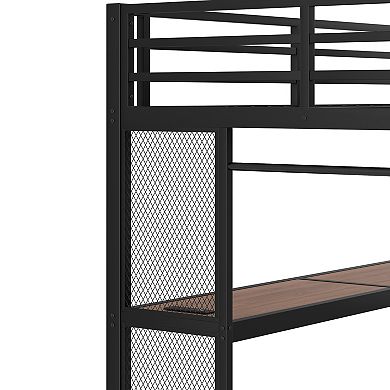 Full Loft Bed with Storage Stairs, Desk, LED & USB, Metal Frame Black