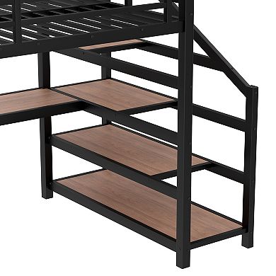 Full Loft Bed with Storage Stairs, Desk, LED & USB, Metal Frame Black