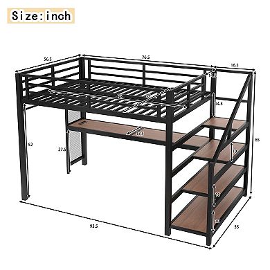Full Loft Bed with Storage Stairs, Desk, LED & USB, Metal Frame Black