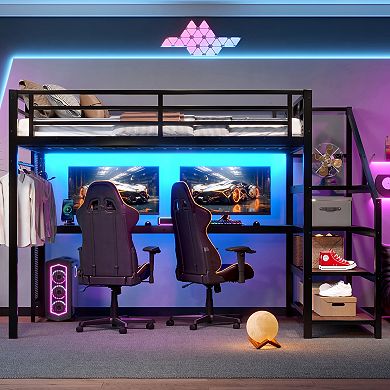 Full Loft Bed with Storage Stairs, Desk, LED & USB, Metal Frame Black