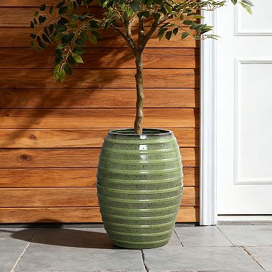 LuxenHome 17.7" Tall Ceramic Planter Pot for Indoor Outdoor with Ribbed Texture and Drainage Hole