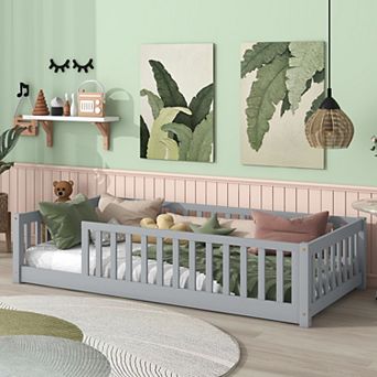 Twin Size Floor Bed with Fence and Safety Guardrails Rubber Wood Grey