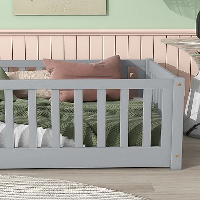 Twin Size Floor Bed with Fence and Safety Guardrails Rubber Wood Grey