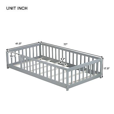 Twin Size Floor Bed with Fence and Safety Guardrails Rubber Wood Grey