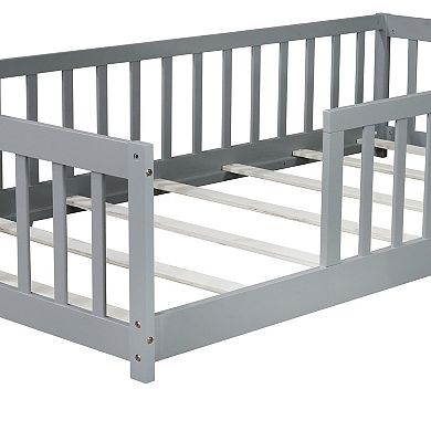 Twin Size Floor Bed with Fence and Safety Guardrails Rubber Wood Grey