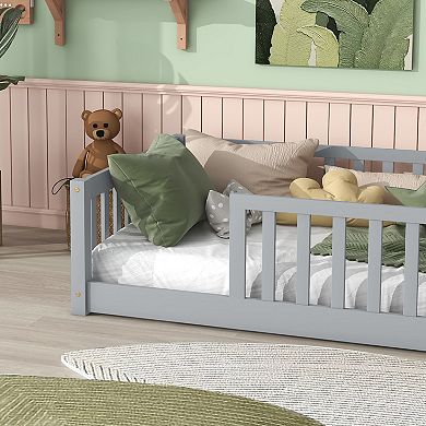 Twin Size Floor Bed with Fence and Safety Guardrails Rubber Wood Grey