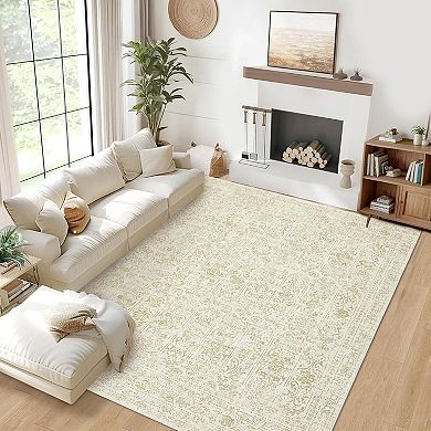 ANIXOL Vintage Printed Pearl Velvet Rug, Low Pile, Machine Washable