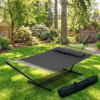 Extra Wide Double Hammock with Steel Stand, 475lb Quilted Fabric Hammock with Pillow for Patio