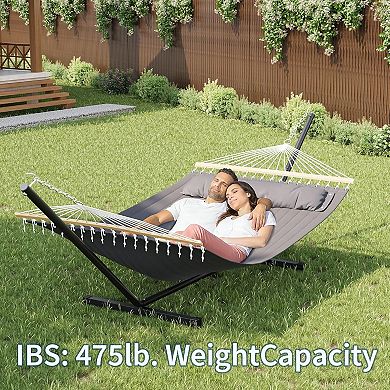 Extra Wide Double Hammock with Steel Stand, 475lb Quilted Fabric Hammock with Pillow for Patio
