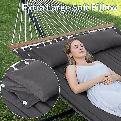 Extra Wide Double Hammock with Steel Stand, 475lb Quilted Fabric Hammock with Pillow for Patio