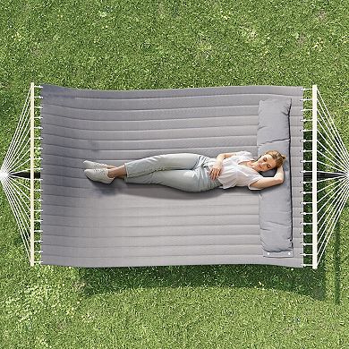 Extra Wide Double Hammock with Steel Stand, 475lb Quilted Fabric Hammock with Pillow for Patio